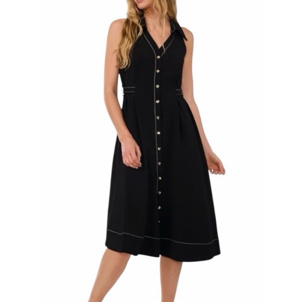 CeCe Crepe Midi Shirtdress Sleeveless Gold Button Belted Black 12 NEW